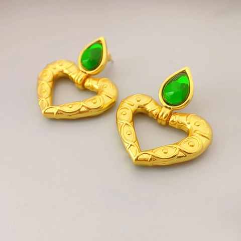 French Vintage Heart Drop Earrings With Green Glass And 925 Sterling Silver Earring Post Embossed Gold Tone For Women
