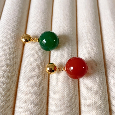 Boucles D'oreilles Pendantes Perles Rondes Laiton Plaqué Or Calcédoine Verte Agate Rouge Tige En Argent Sterling 925