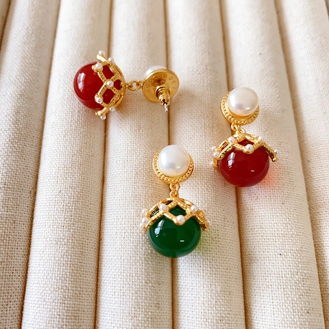 Retro 18K Gold Plated Lantern Drop Earrings Brass Red Agate Green Chalcedony Artificial Pearl 925 Sterling Silver Earring Post