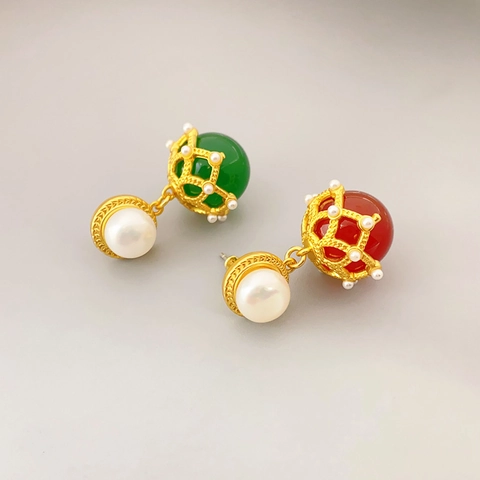 Retro 18K Gold Plated Lantern Drop Earrings Brass Red Agate Green Chalcedony Artificial Pearl 925 Sterling Silver Earring Post