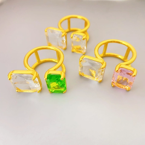 Double Layer Open Ring 18K Gold Plated Copper Large Rectangle K9 Crystal Adjustable Elegant Fashion Jewelry For Women