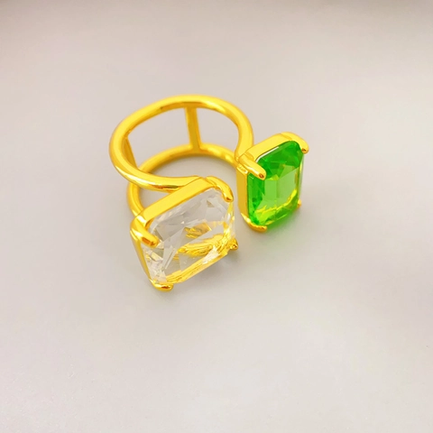 Double Layer Open Ring 18K Gold Plated Copper Large Rectangle K9 Crystal Adjustable Elegant Fashion Jewelry For Women