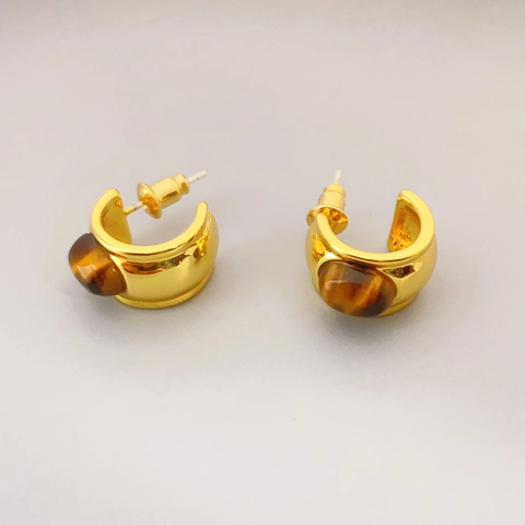 Retro C-Shaped Stud Earrings 18K Gold Plated Brass With Tiger Eye Stone And 925 Sterling Silver Earring Post For Women