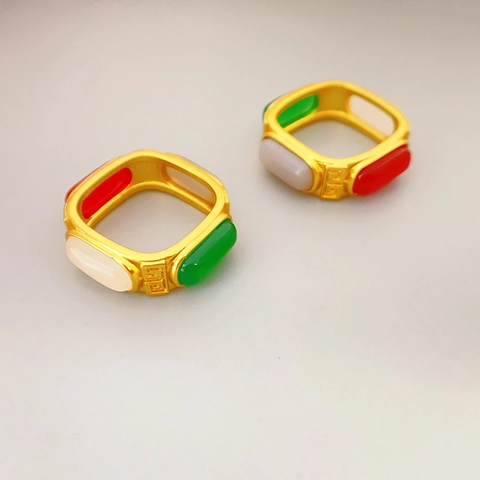 Retro Square Inlaid Agate Ring 18K Gold Plated Brass Meander Pattern Ethnic Style Jewelry Gift For Women