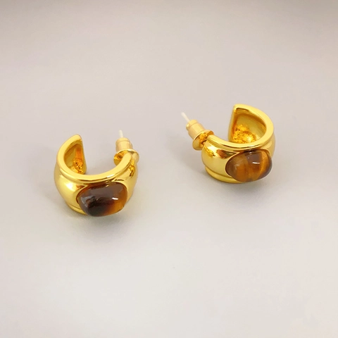 Retro C-Shaped Stud Earrings 18K Gold Plated Brass With Tiger Eye Stone And 925 Sterling Silver Earring Post For Women