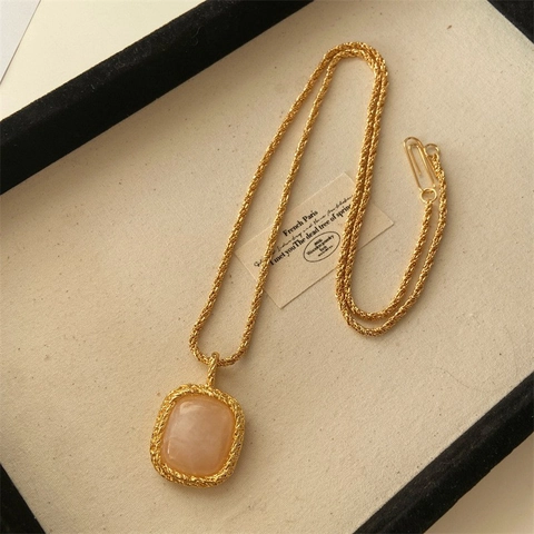 Collier Vintage en Cuivre Plaqué Or 18K Pour Femme Grand Pendentif Carré Lapis-Lazuli Turquoise Quartz Rose Chaîne Corde