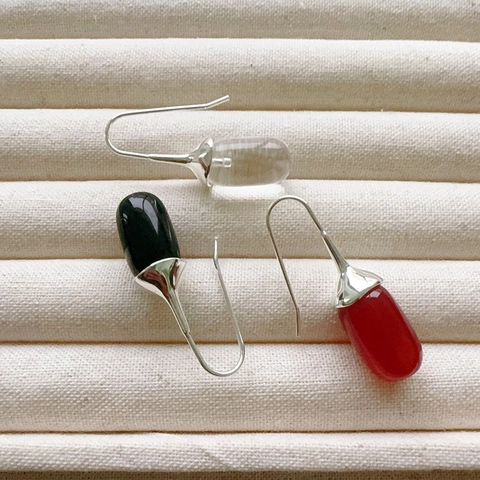 French Minimalist Capsule Dangle Earrings For Women Brass 18K Gold Plated Inlaid Agate Retro Niche Ear Hooks