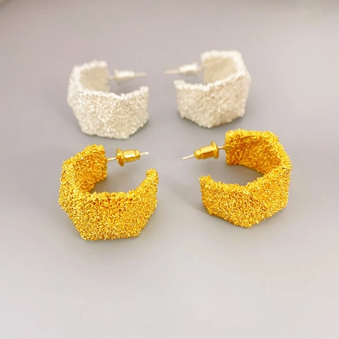 C-Shape Stud Earrings With 925 Sterling Silver Earring Post Copper Gold Plated Lava Texture Unique Design For Women