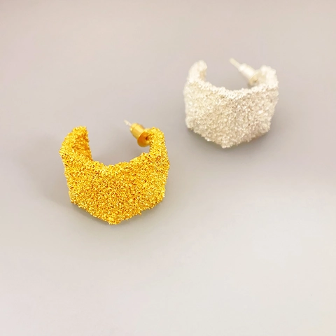 C-Shape Stud Earrings With 925 Sterling Silver Earring Post Copper Gold Plated Lava Texture Unique Design For Women