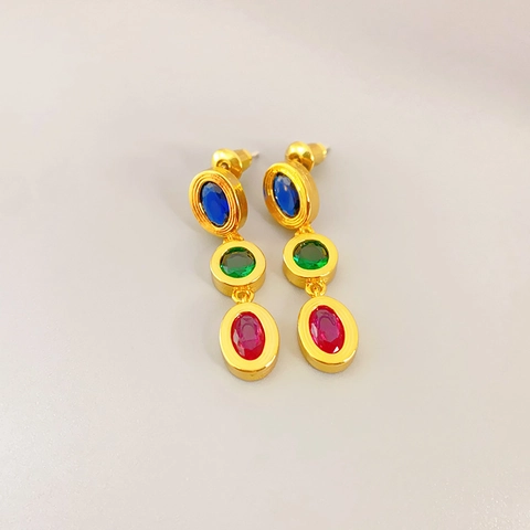Orecchini Pendenti Strass Colorati Ovali Geometrici Rame Placcato Oro Con Perno Argento Sterling 925 Retro Lusso Moda