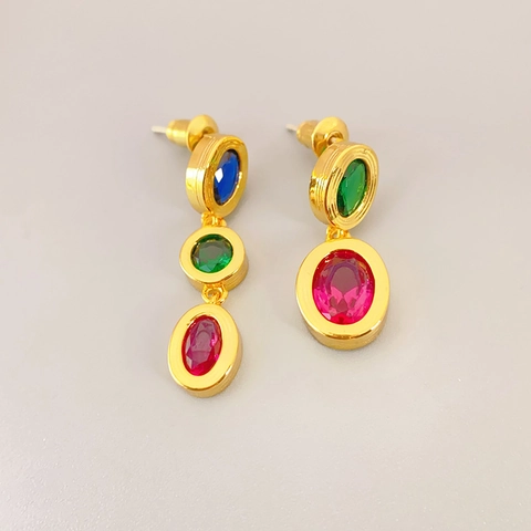 Orecchini Pendenti Strass Colorati Ovali Geometrici Rame Placcato Oro Con Perno Argento Sterling 925 Retro Lusso Moda