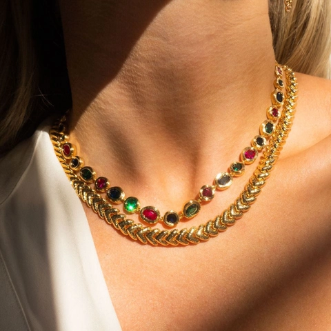Kleurrijke Edelsteen Ketting Armband Koper Verguld Ovaal Kristal Kastzetting Vintage Luxe Sieraden Voor Vrouwen