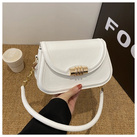 Damen PU Leder Satteltasche Retro Flap Crossbody Tasche Mit Goldener Zylinderschließe Und Kettenriemen Schlicht Elegant