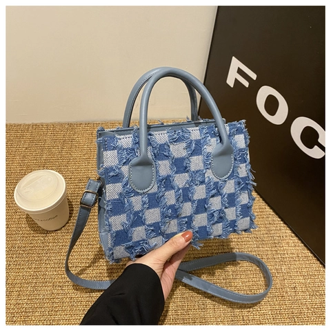 Checkerboard Handbag Woven Fabric Fringe Edge Small Shoulder Crossbody Tote Retro Square Bag Women