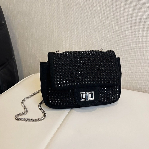Women Fashion Rhinestone Chain Shoulder Bag Sparkly Small Square Crossbody Bag Sparkly Evening Party Handbag With Turn Lock