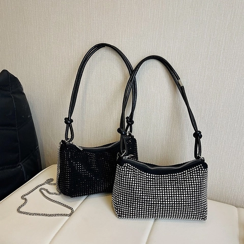 Rhinestone Schoudertas Zacht PU Volledige Kristal Hobo Onderarm Tas Met Geknoopte Riem En Metalen Ketting Feesttas