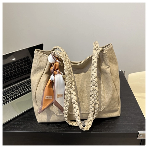 Vintage Women Lychee Grain PU Leather Tote Bag Large Capacity Shoulder Bag With Braided Straps And Decorative Satin Scarf