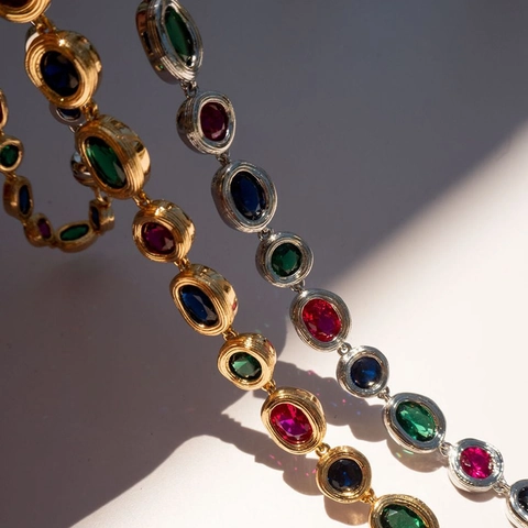 Kleurrijke Edelsteen Ketting Armband Koper Verguld Ovaal Kristal Kastzetting Vintage Luxe Sieraden Voor Vrouwen