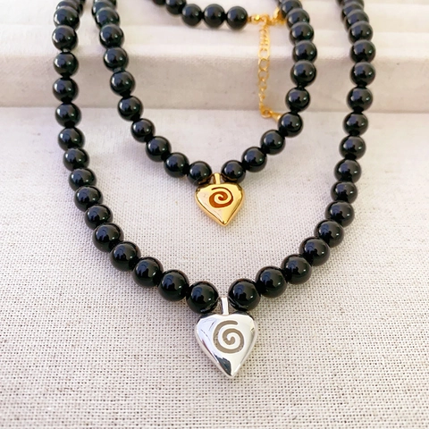 Collar Con Colgante De Corazón Cuentas De Ónice Negro Dije De Corazón De Cobre Textura Espiral Ajustable Moda