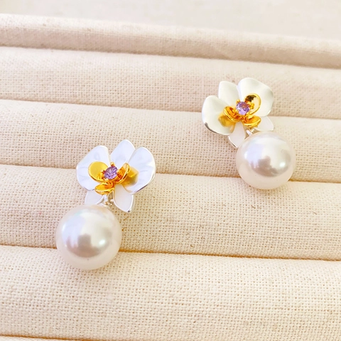 Flower Artificial Pearl Drop Earrings With 925 Sterling Silver Earring Post Copper Purple Zircon Floral Jewelry For Women