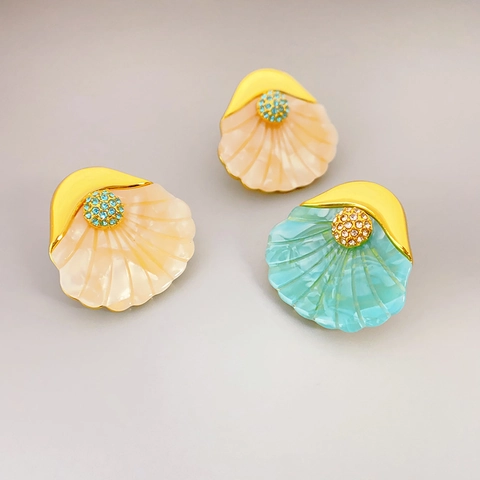 French Scallop Shell Stud Earrings With 925 Sterling Silver Earring Post Copper Rhinestone Elegant Ocean Jewelry For Women