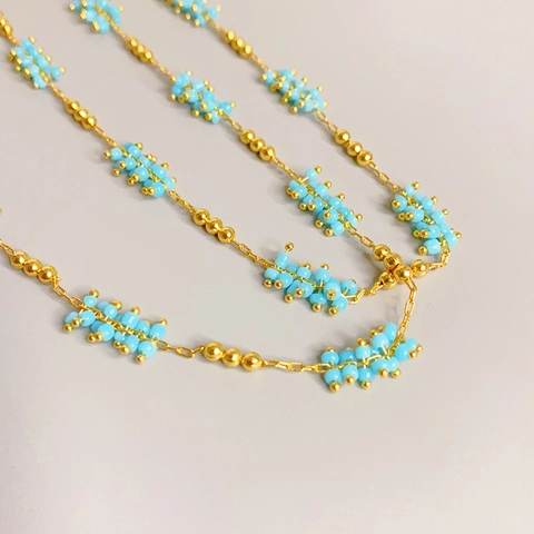 Bohemian Sky Blue Beaded Necklace For Women Golden Copper Chain Minimalist Fashion Jewelry Accessories
