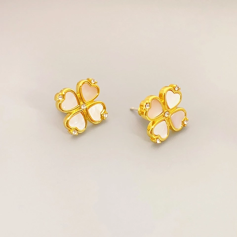 Clover Stud Earrings Heart Shaped Mother Of Artificial Pearl Gold Plated Copper With 925 Sterling Silver Earring Post For Women