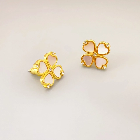 Clover Stud Earrings Heart Shaped Mother Of Artificial Pearl Gold Plated Copper With 925 Sterling Silver Earring Post For Women