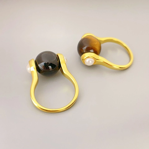 Anillo Rotante Con Pietre Preziose Rame Placcato Oro 18K Occhio Di Tigre Agata Perla Artificial Regolabile Gioielli Retro Donna