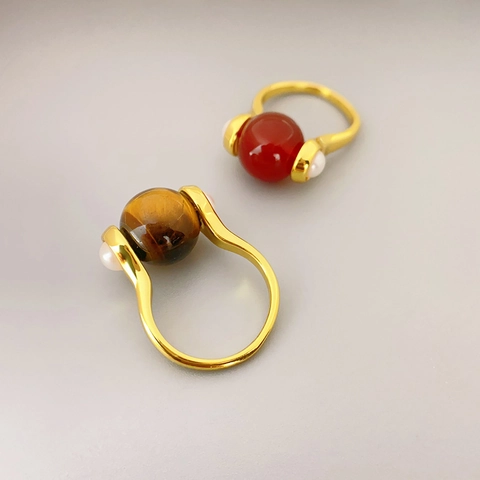 Anillo Rotante Con Pietre Preziose Rame Placcato Oro 18K Occhio Di Tigre Agata Perla Artificial Regolabile Gioielli Retro Donna