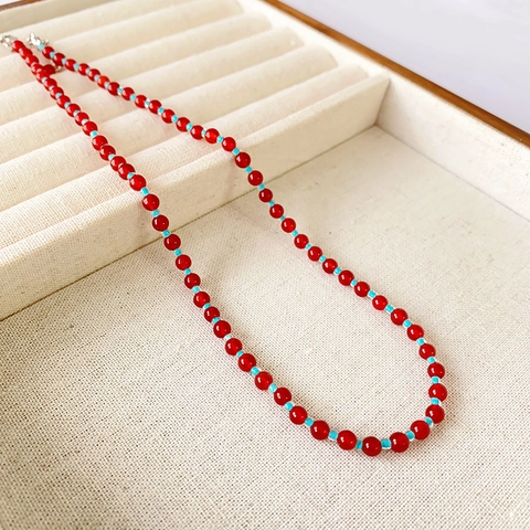Collana Di Perle Fatta A Mano Con Agata Rossa E Perle Di Vetro Blu Stile Etnico Vintage Girocollo Da Donna Gioielli Eleganti
