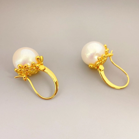 Boucles D'oreilles Künstliche Perles Mabe Vintage Laiton Plaqué Or 18K Iridescent Rond Base Fleur Bijoux Pour Femmes