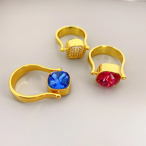 Rotating Reversible Ring Gold Plated Copper With Colorful Crystal And Micro Pave Zircon Vintage Style Jewelry For Women