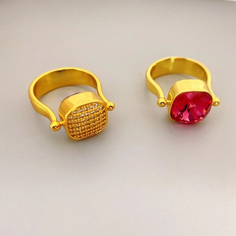Rotating Reversible Ring Gold Plated Copper With Colorful Crystal And Micro Pave Zircon Vintage Style Jewelry For Women