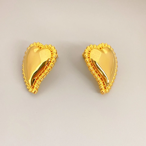 Heart Stud Earrings Brass 18K Gold Plated With 925 Sterling Silver Earring Post 3D Beaded Texture Vintage For Women