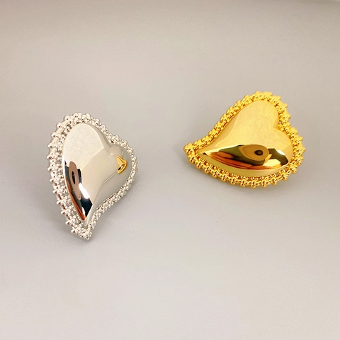 Heart Stud Earrings Brass 18K Gold Plated With 925 Sterling Silver Earring Post 3D Beaded Texture Vintage For Women
