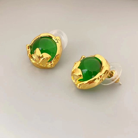 Pendientes De Botón De Piedras Preciosas Verde Esmeralda Estilo Francés Vintage Latón Chapado En Oro Con Poste De Plata Esterlina 925 Para Mujeres