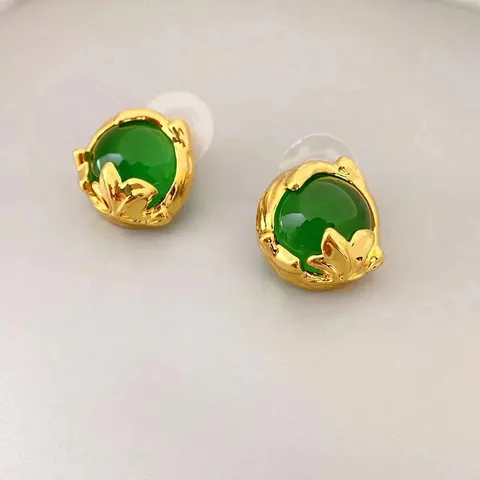 Pendientes De Botón De Piedras Preciosas Verde Esmeralda Estilo Francés Vintage Latón Chapado En Oro Con Poste De Plata Esterlina 925 Para Mujeres