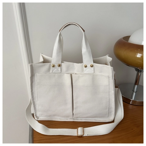 Bolso Tote Grande De Lona Para Mujer Bolso De Mano Casual Con Bolsillos Delanteros Correa Ajustable Urbano