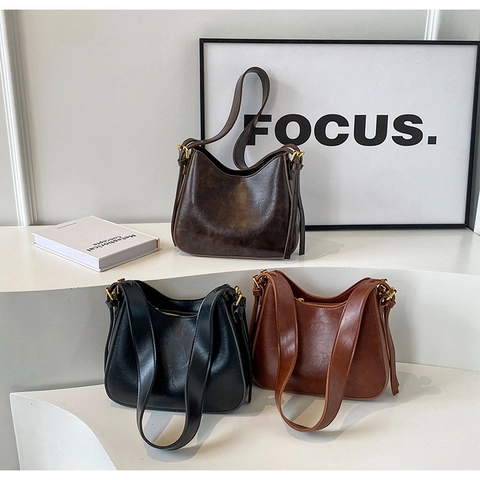 Borsa Hobo In Pelle PU Vintage Minimalista Texture Cera D'olio Borsa A Tracolla Con Tracolla Regolabile Per Donna
