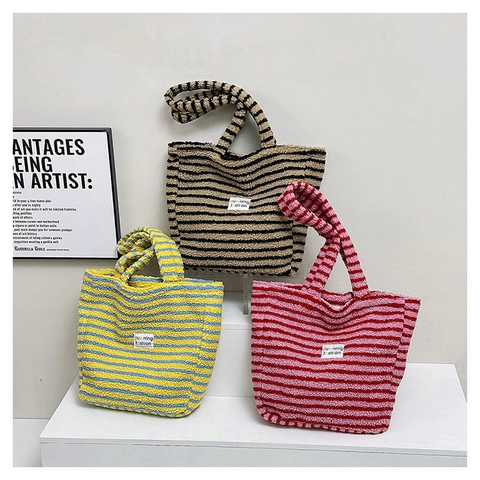 Borsa Tote In Peluche A Righe Pelliccia Sintetica Morbida Grande Capacità Borsa A Spalla Accessori Moda Inverno Donna