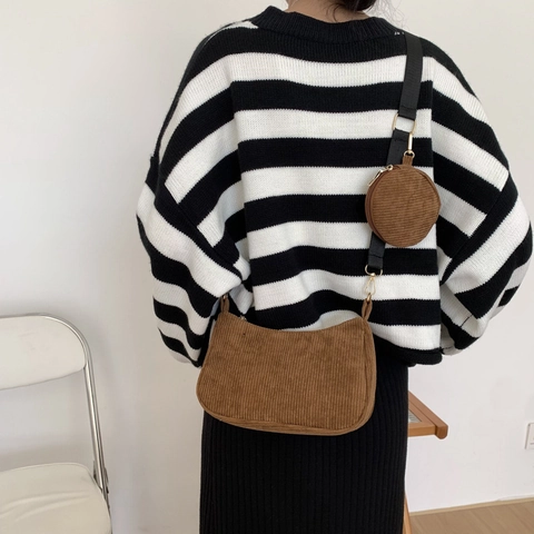 Bolso de Hombro de Pana Vintage para Mujer Conjunto Estampado Cebra Denim Jacquard Bolso Soberaco Con Bolso Redondo Pequeño