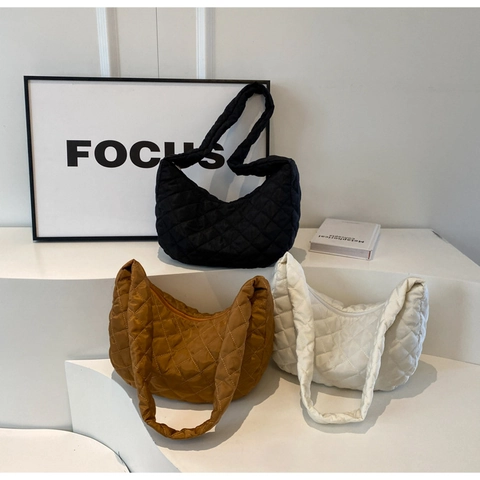 Women Large Quilted Puffer Shoulder Bag Rhombic Stitching Half Moon Hobo Bag Lightweight Nylon Polyester Casual Tote