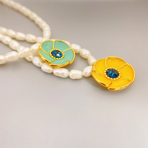 Elegant 18K Gold Plated Copper Enamel Flower Pendant Necklace With Cultured Baroque Pearl Chain Blue Zirconia Sunflower Jewelry For Women