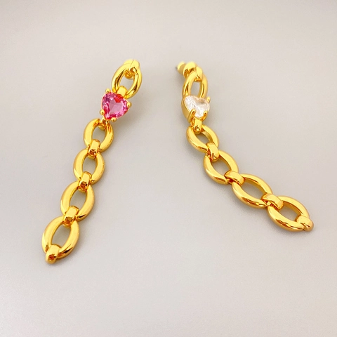 Pendientes Colgantes Corazón Circón Latón Bañado En Oro Cadena Larga Con Poste De Plata De Ley 925 Elegante Mujeres