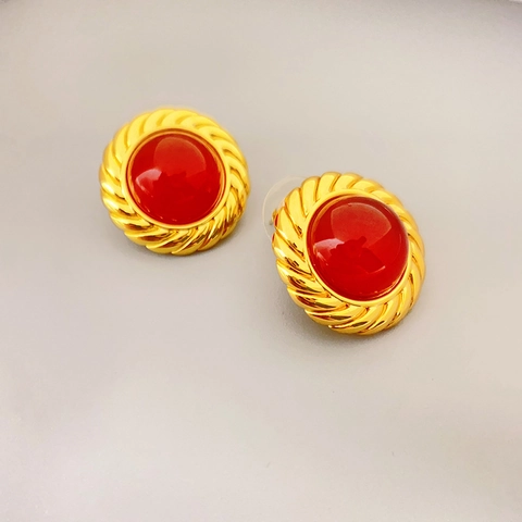 Vintage Runde Rote Stein Ohrringe Mit 925 Sterling Silber Ohrstecker Eleganter Retro Vergoldeter Messingschmuck