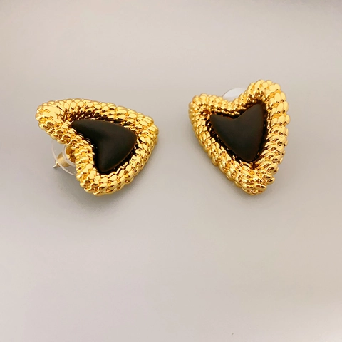 Pendientes De Botón Con Forma De Corazón Vintage Cobre Chapado En Oro De 18 Quilates Ónix Negro Con Poste De Plata Esterlina 925