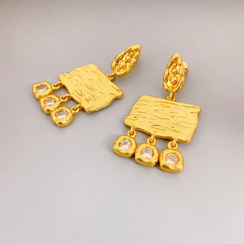 Vintage Kupfer Hängeohrringe Geometrisch Gehämmert Mit Zirkon Und 925 Sterling Silver Earring Post Für Damen