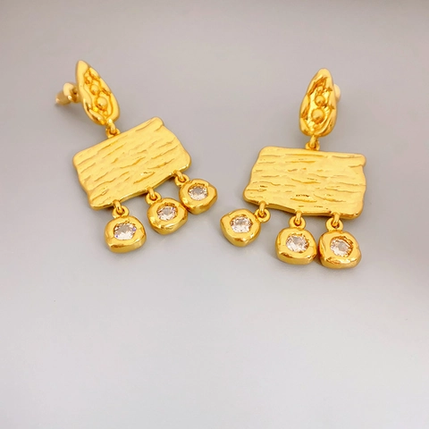 Vintage Kupfer Hängeohrringe Geometrisch Gehämmert Mit Zirkon Und 925 Sterling Silver Earring Post Für Damen