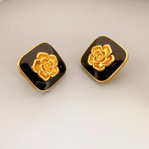 Vintage Camellia Stud Earrings Black Enamel Brass 18K Gold Plated With 925 Sterling Silver Earring Post Square French
